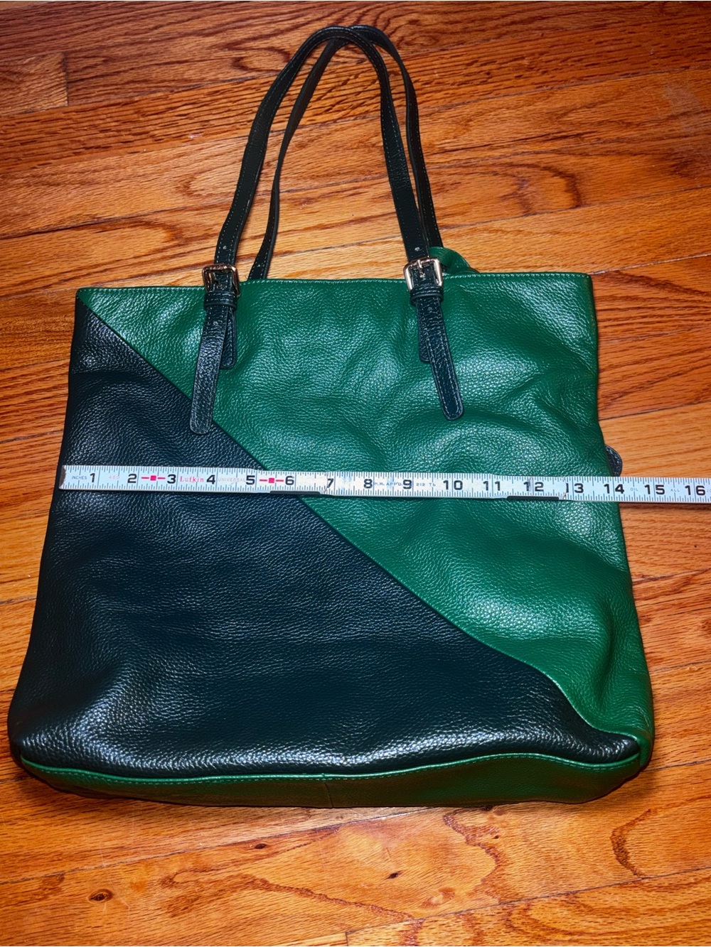 Michelle Vale Leather Green Black Colorblock Shoulder Bag Removable Zip Pouch - Picture 8 of 9